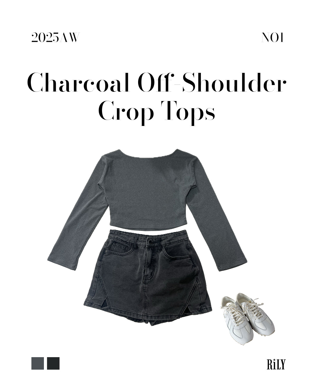 25036Charcoal Off-Shoulder Crop Tops