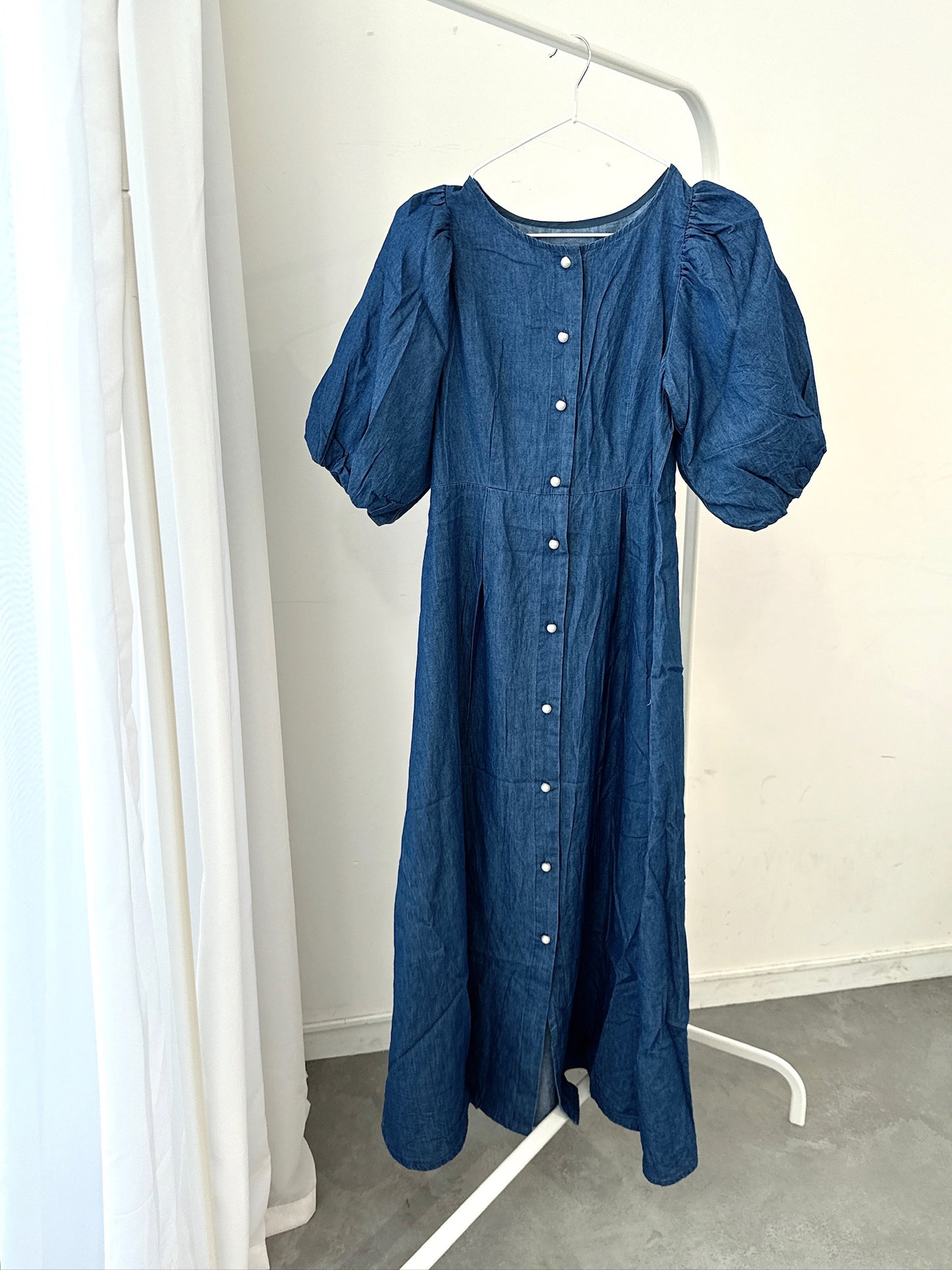 Denim Puff-Sleeve Short-Sleeve Dress
