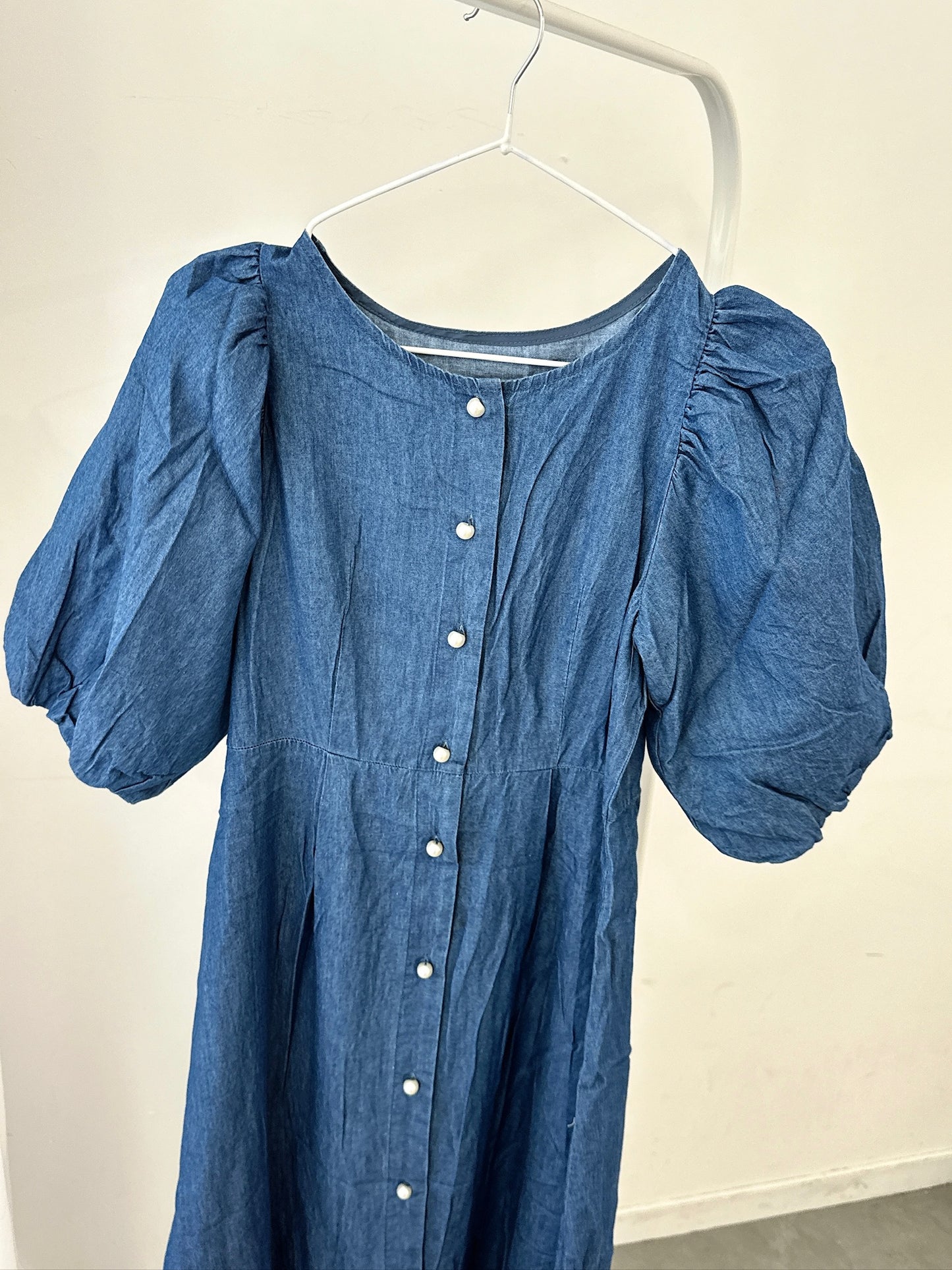Denim Puff-Sleeve Short-Sleeve Dress