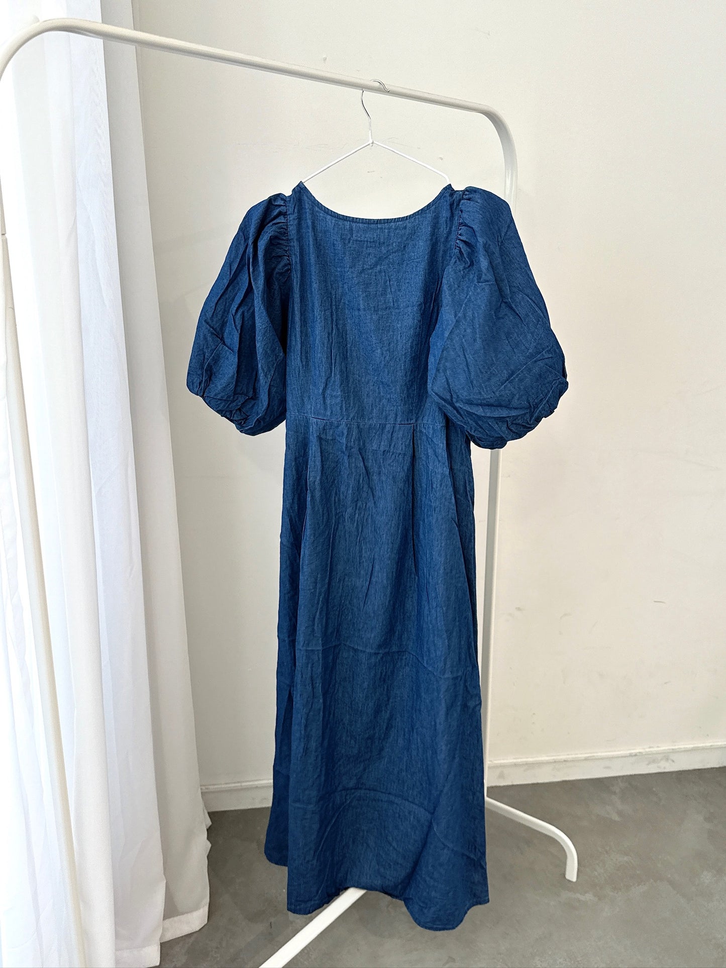 Denim Puff-Sleeve Short-Sleeve Dress