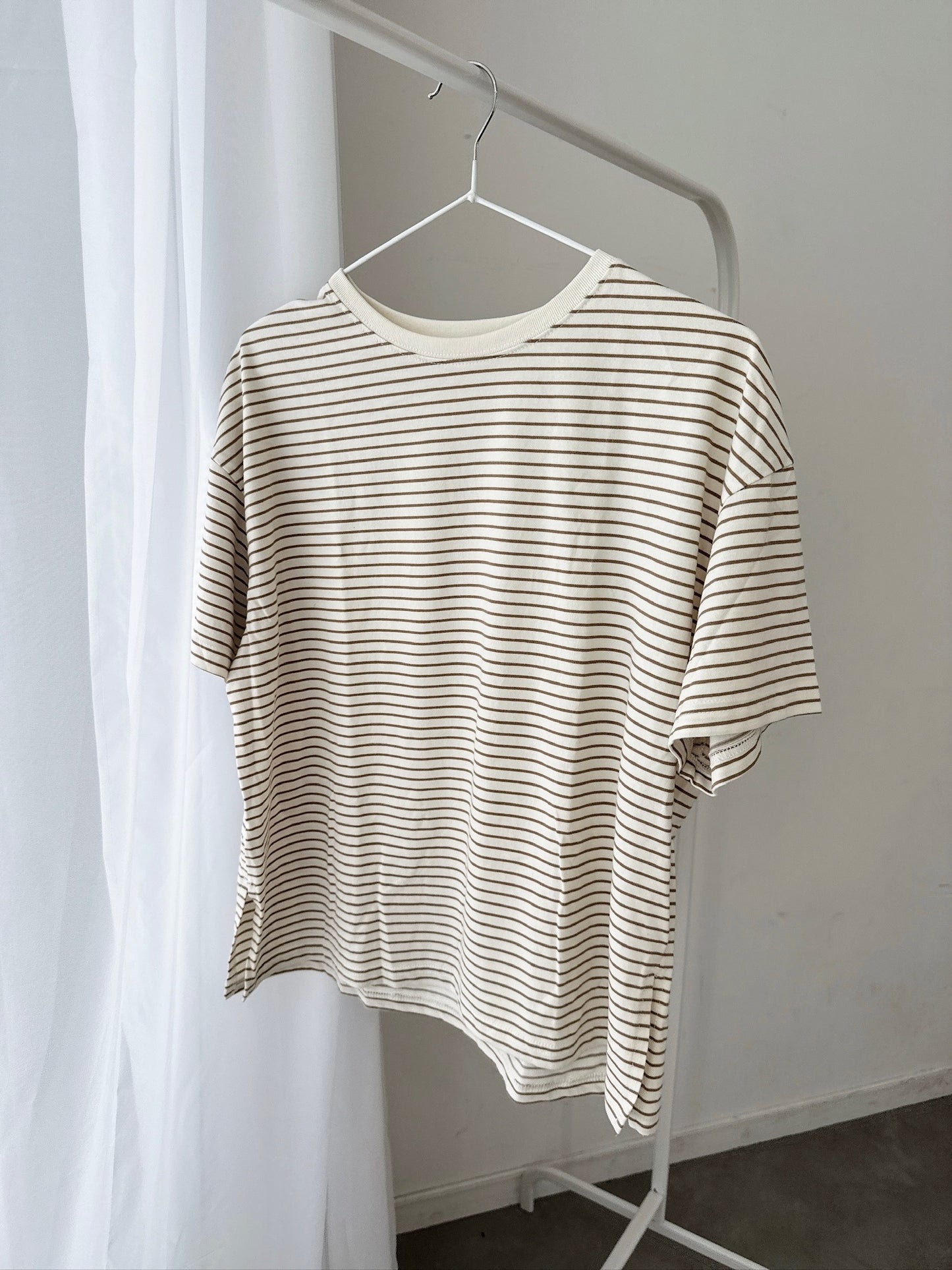 Beige Striped Short Sleeve Top – Casual Fit