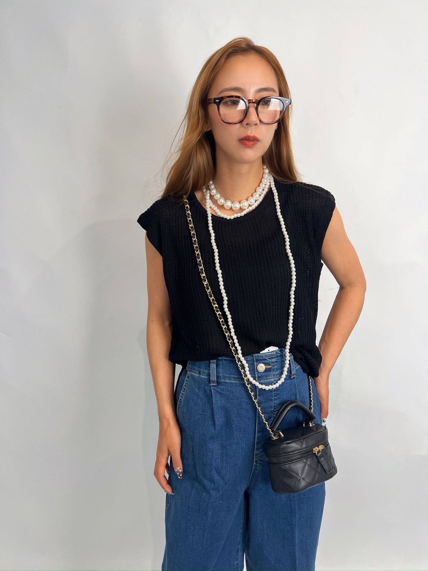 Black Mesh Knit Sleeveless Top