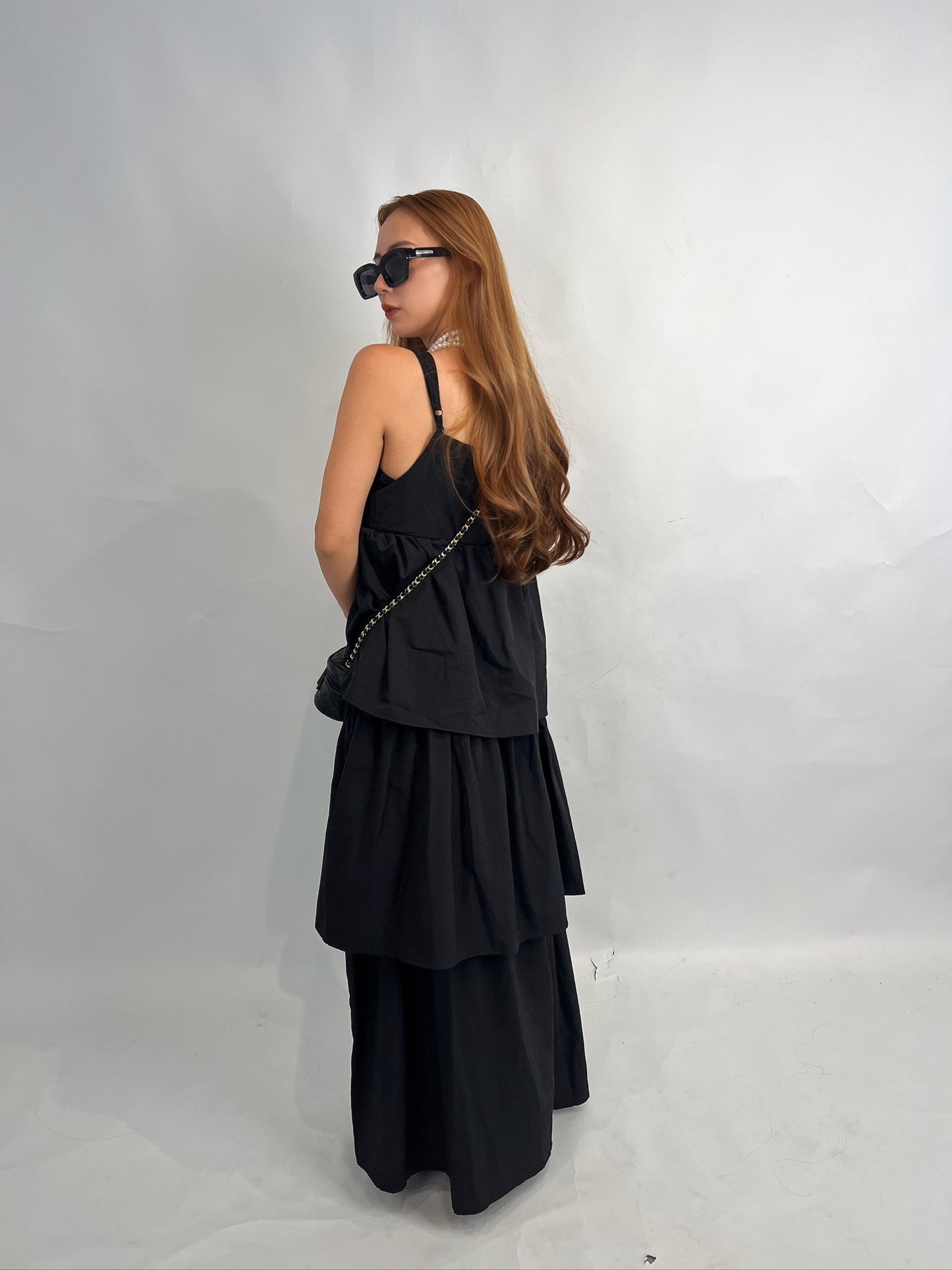 Layered Black Maxi Dress – Back Ribbon Detail