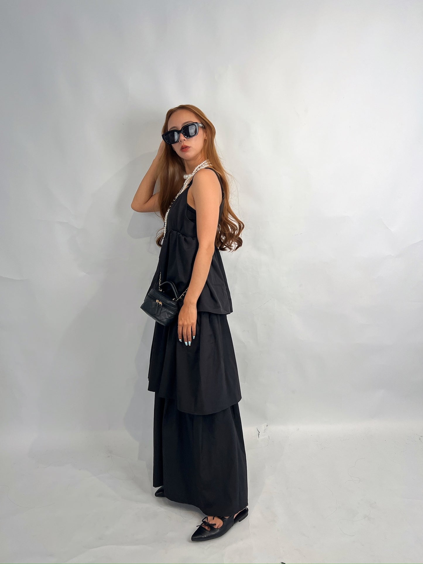 Layered Black Maxi Dress – Back Ribbon Detail