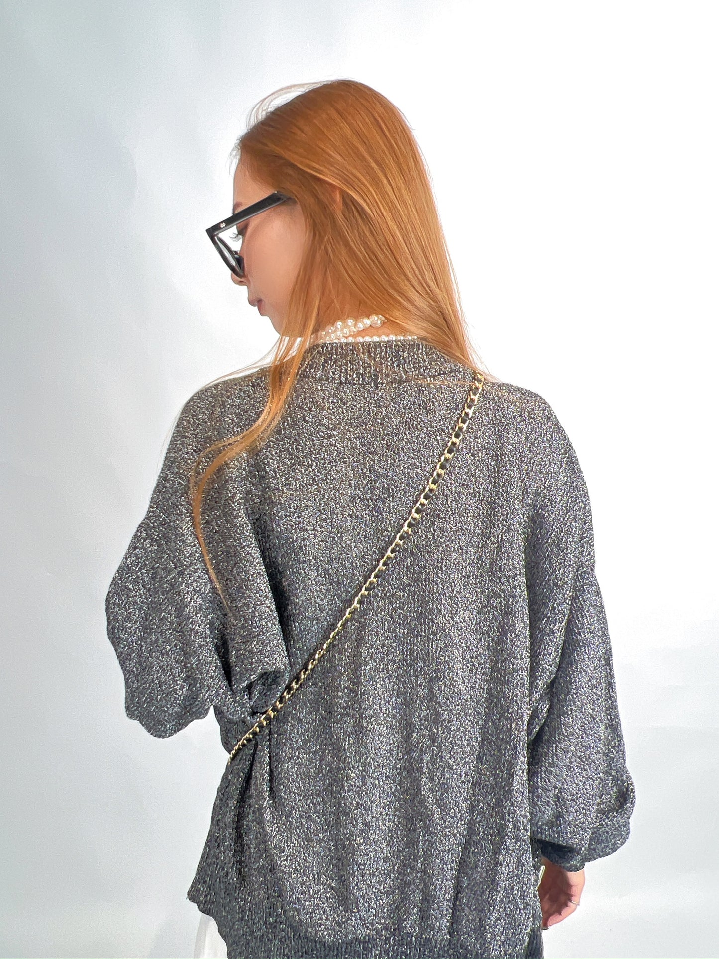 Grey Metallic Knit Cardigan
