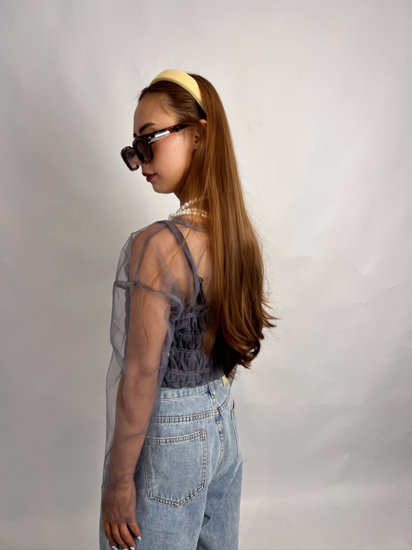 25056Gray Sheer Tulle Top – Lightweight Long Sleeve Layer