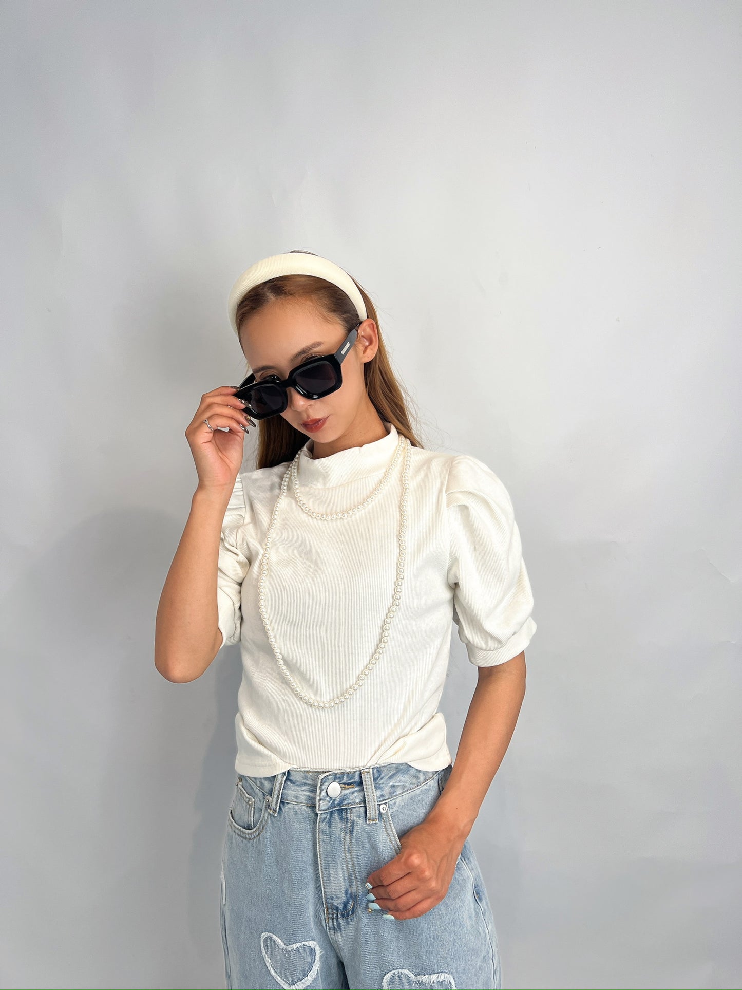 White Puff-Sleeve Mock Neck Top