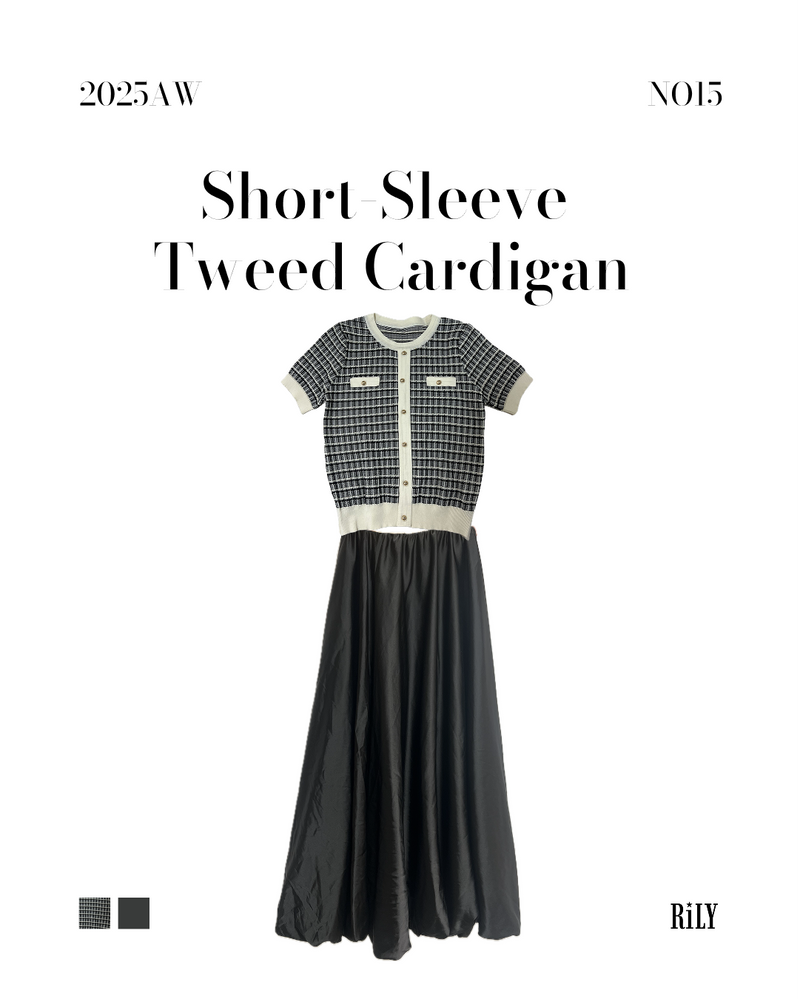 25048Short-Sleeve Tweed Cardigan