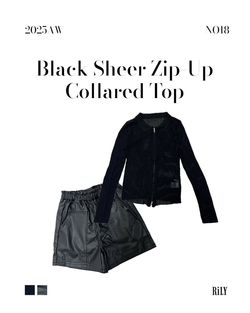 25046Black Sheer Zip-Up Collared Top