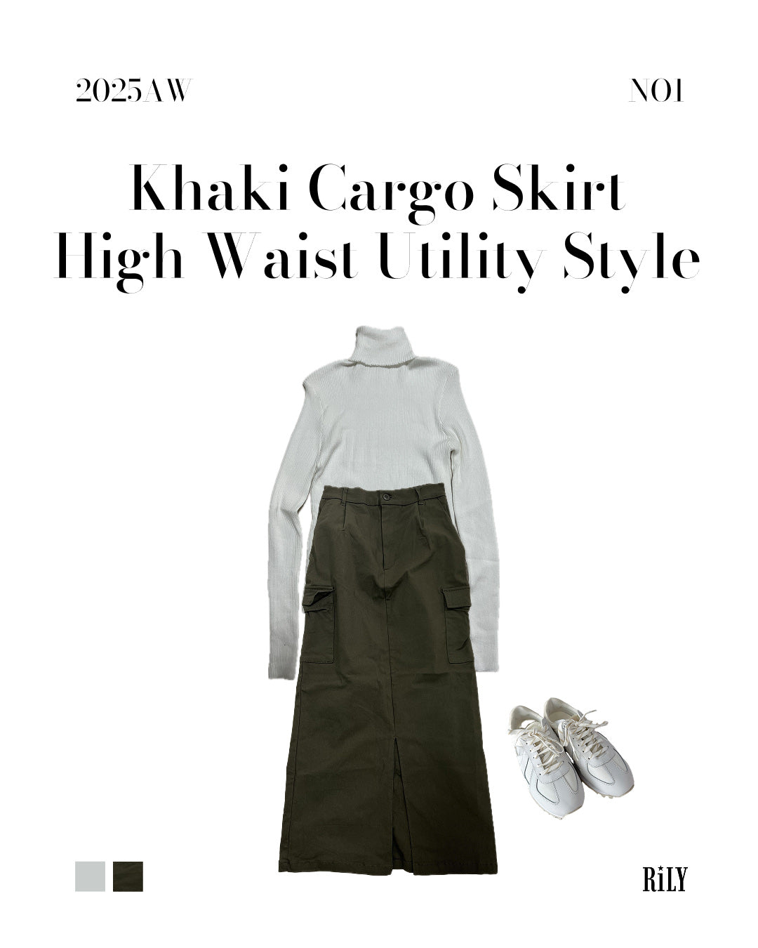 25000015Khaki Cargo Skirt – High Waist Utility Style