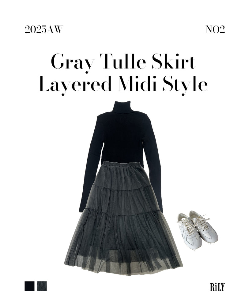 25000014Gray Tulle Skirt – Layered Midi Style