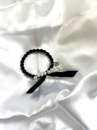 【Free Novelty Gift】Black Hair Tie with Pearl Ribbon Design