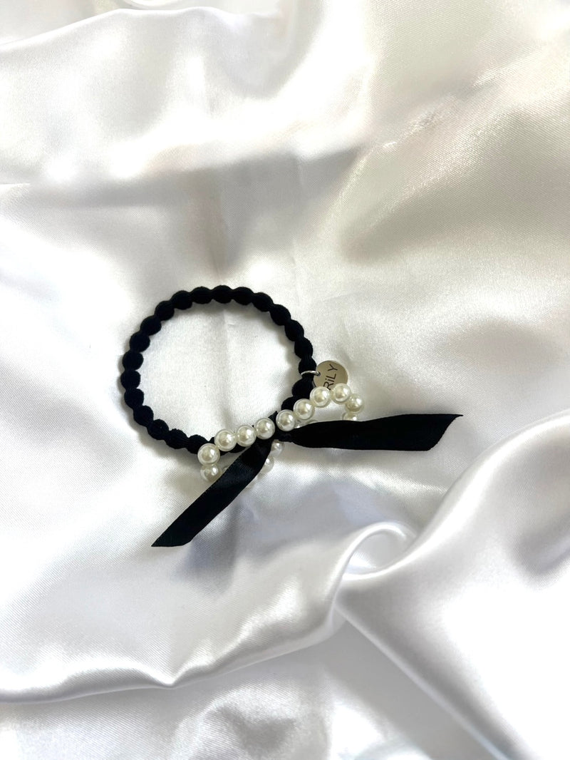 【Free Novelty Gift】Black Hair Tie with Pearl Ribbon Design