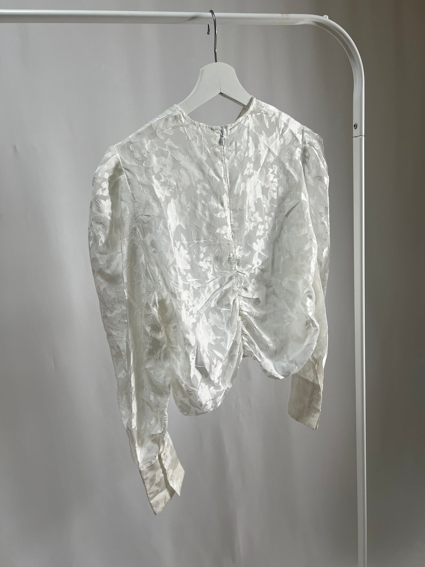 25052White Sheer Floral Top with Drawstring Detail