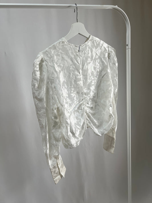 25052White Sheer Floral Top with Drawstring Detail