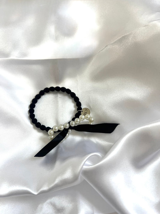 【Free Novelty Gift】Black Hair Tie with Pearl Ribbon Design