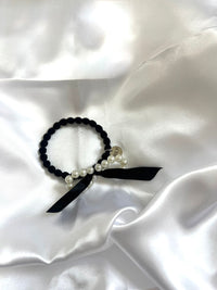 【Free Novelty Gift】Black Hair Tie with Pearl Ribbon Design