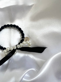 【Free Novelty Gift】Black Hair Tie with Pearl Ribbon Design