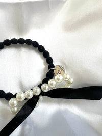 【Free Novelty Gift】Black Hair Tie with Pearl Ribbon Design