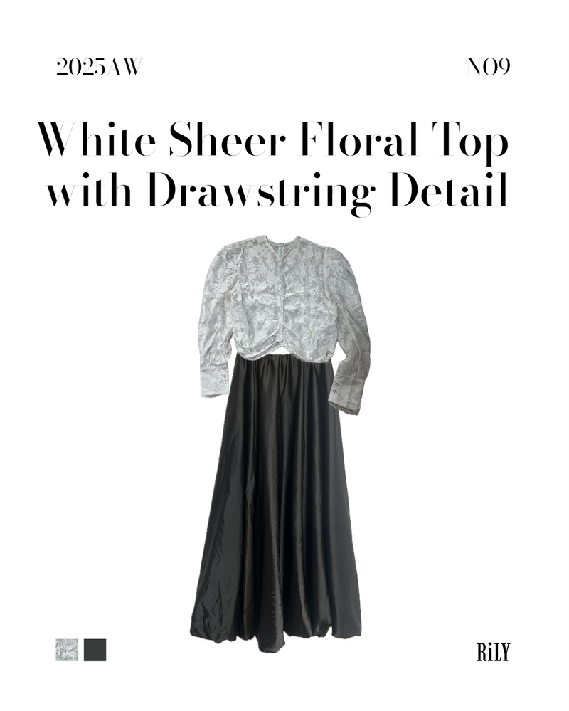 25052White Sheer Floral Top with Drawstring Detail