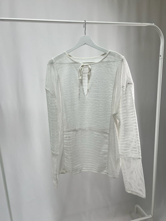 25043White Crochet Knit Long Sleeve Top