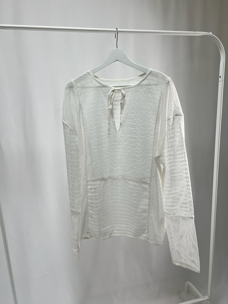 25043White Crochet Knit Long Sleeve Top