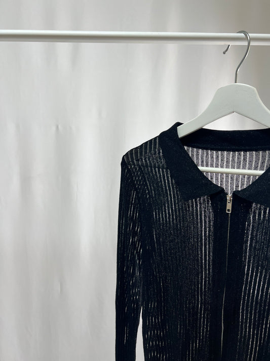 25046Black Sheer Zip-Up Collared Top