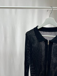 25046Black Sheer Zip-Up Collared Top