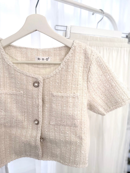 Short Sleeve Tweed Jacket – White Elegance