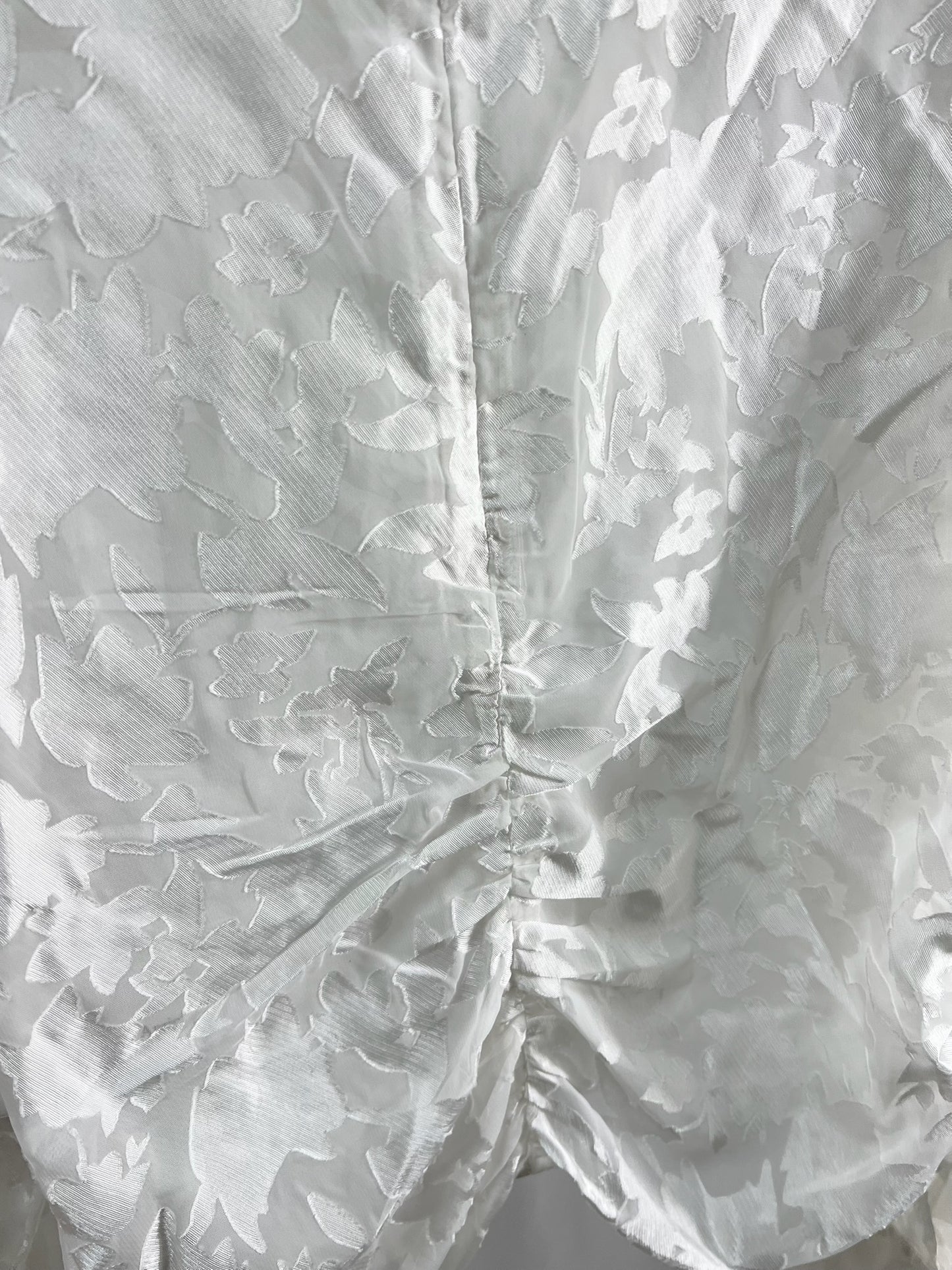 25052White Sheer Floral Top with Drawstring Detail