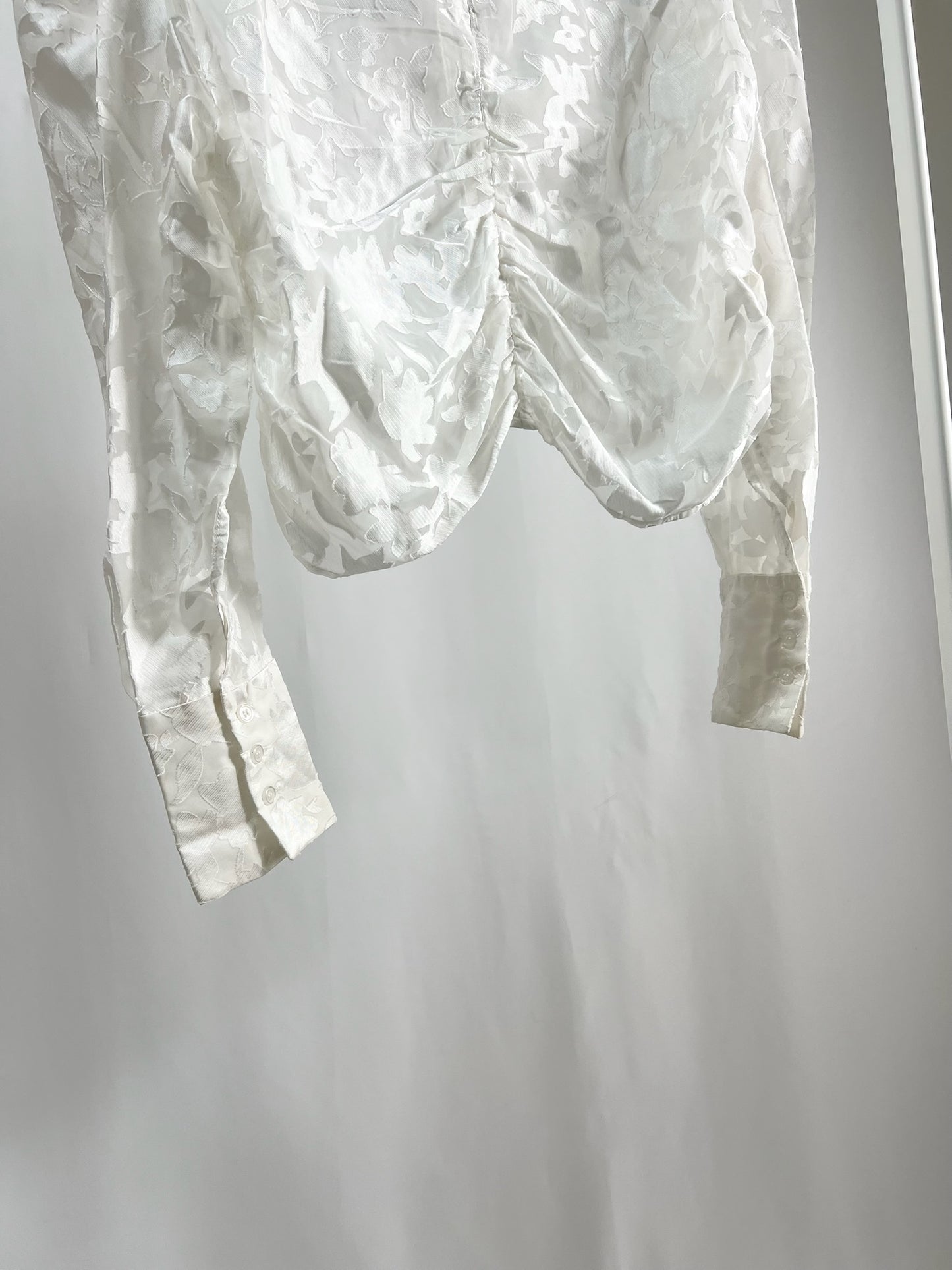 25052White Sheer Floral Top with Drawstring Detail