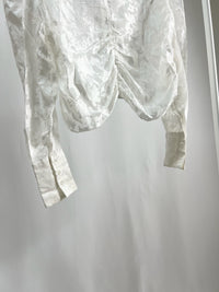 25052White Sheer Floral Top with Drawstring Detail