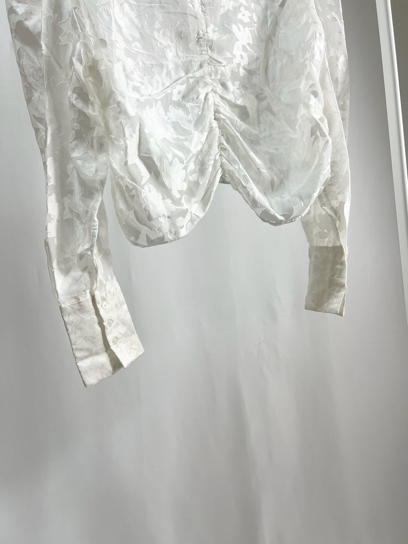 25052White Sheer Floral Top with Drawstring Detail