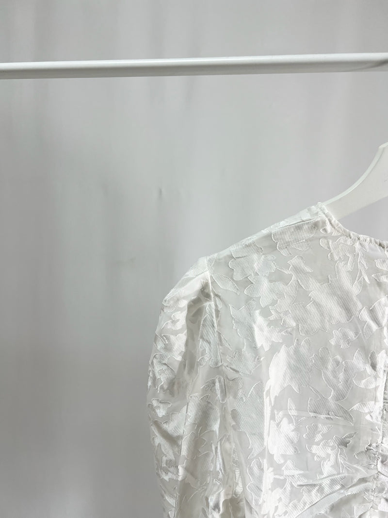 25052White Sheer Floral Top with Drawstring Detail