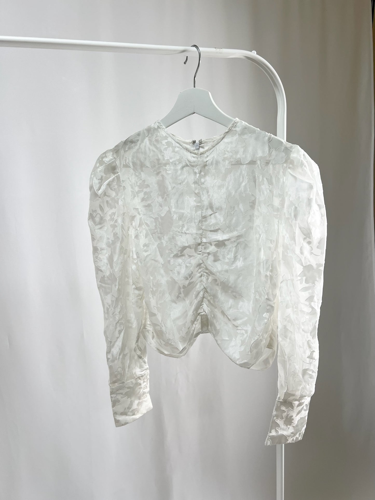 25052White Sheer Floral Top with Drawstring Detail