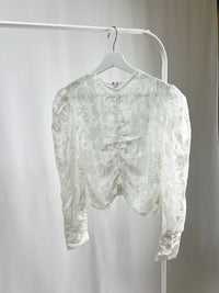 25052White Sheer Floral Top with Drawstring Detail
