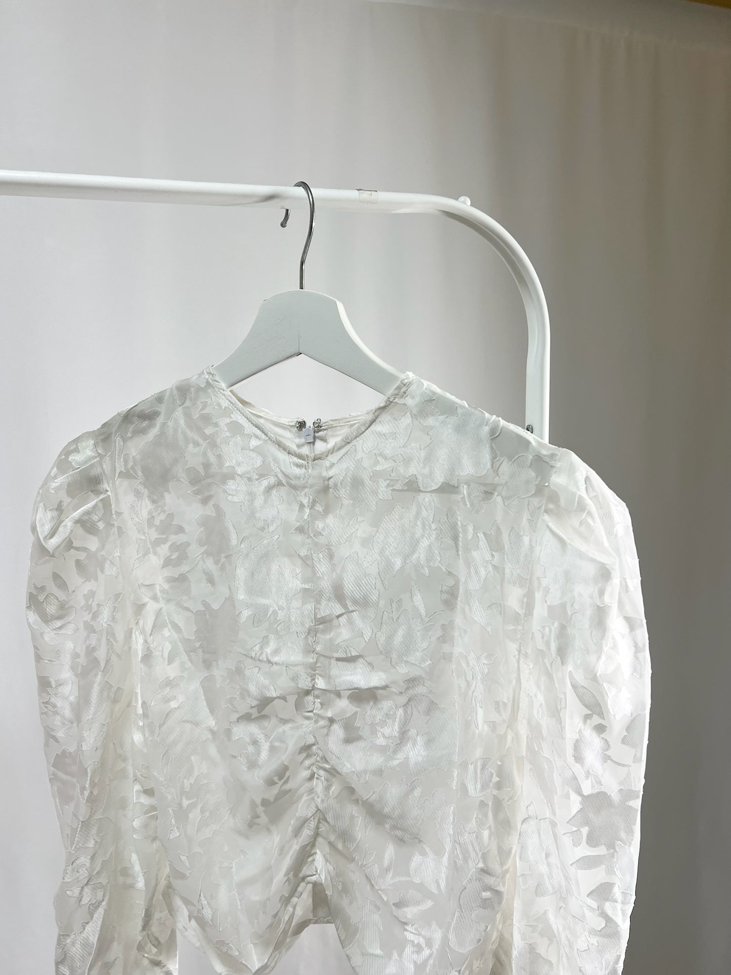 25052White Sheer Floral Top with Drawstring Detail