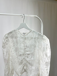 25052White Sheer Floral Top with Drawstring Detail