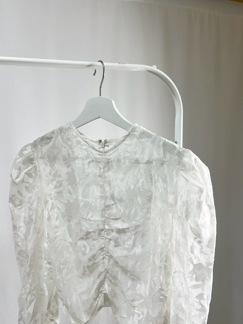 25052White Sheer Floral Top with Drawstring Detail