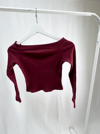 25051Bordeaux Ribbed Knit Off-Shoulder Crop Top