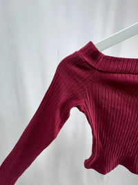 25051Bordeaux Ribbed Knit Off-Shoulder Crop Top