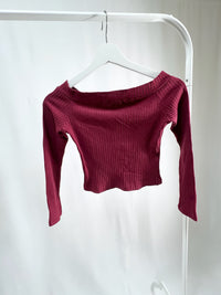 25051Bordeaux Ribbed Knit Off-Shoulder Crop Top