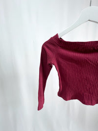 25051Bordeaux Ribbed Knit Off-Shoulder Crop Top