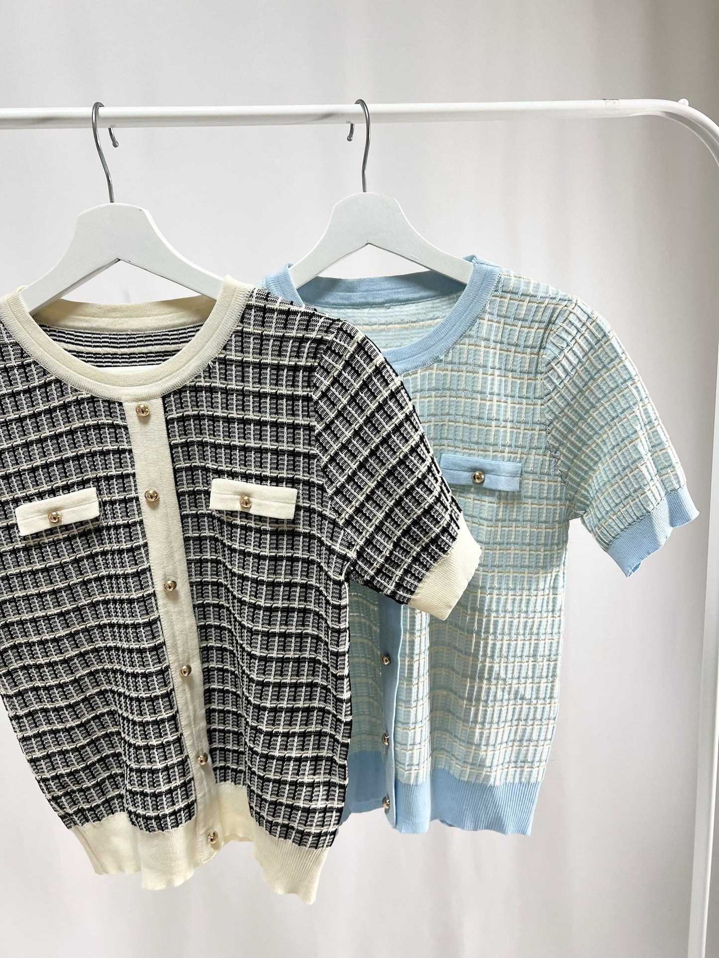 25048Short-Sleeve Tweed Cardigan