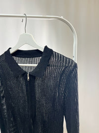 25046Black Sheer Zip-Up Collared Top