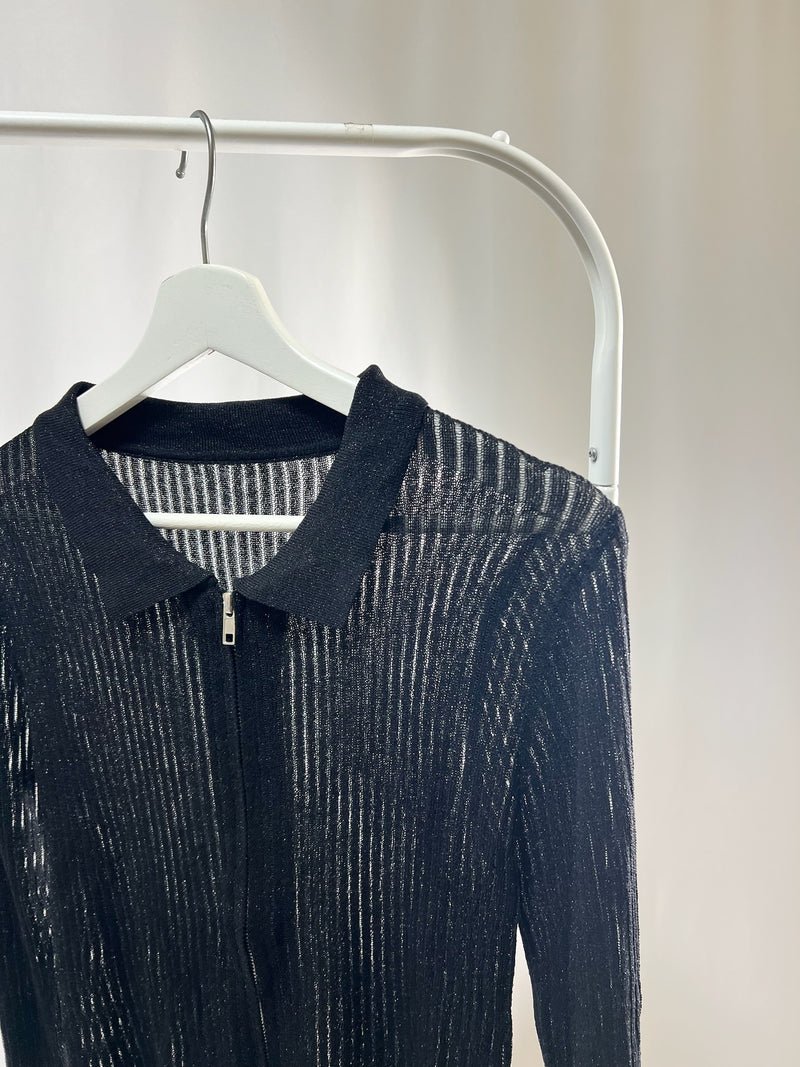 25046Black Sheer Zip-Up Collared Top