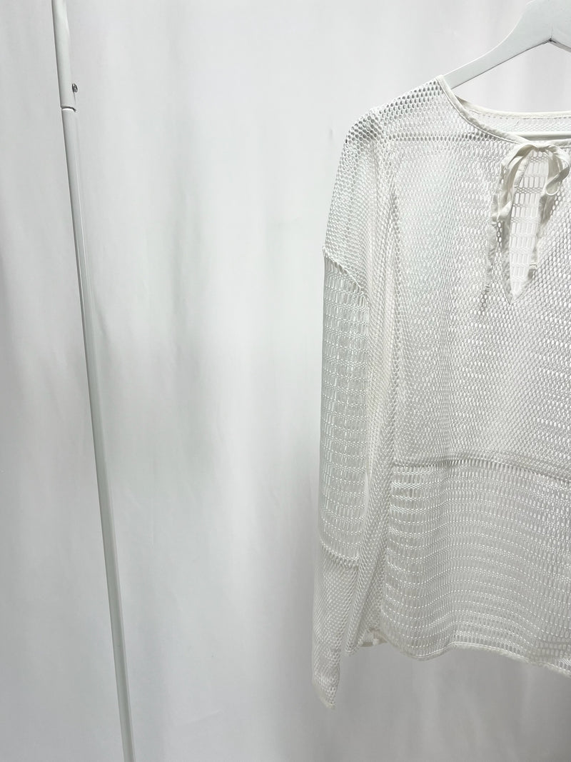 25043White Crochet Knit Long Sleeve Top