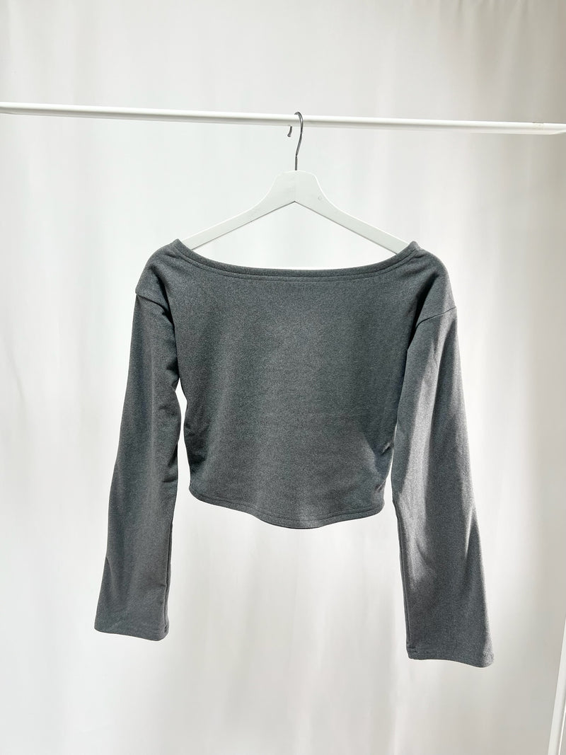 25036Charcoal Off-Shoulder Crop Tops
