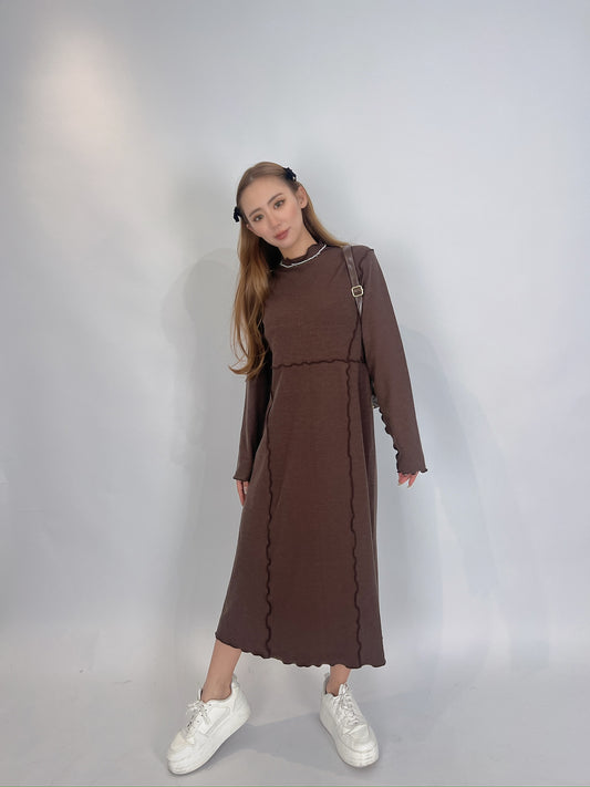 Brown Long Dress with Piping Detail
