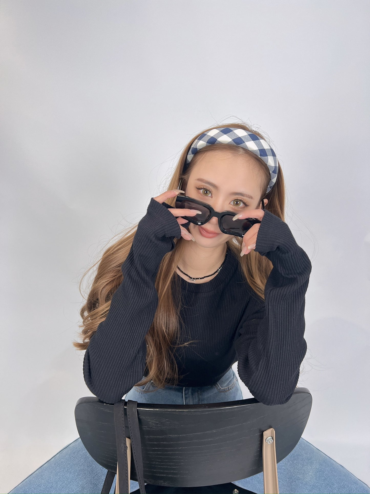 White & Blue Check Headband
